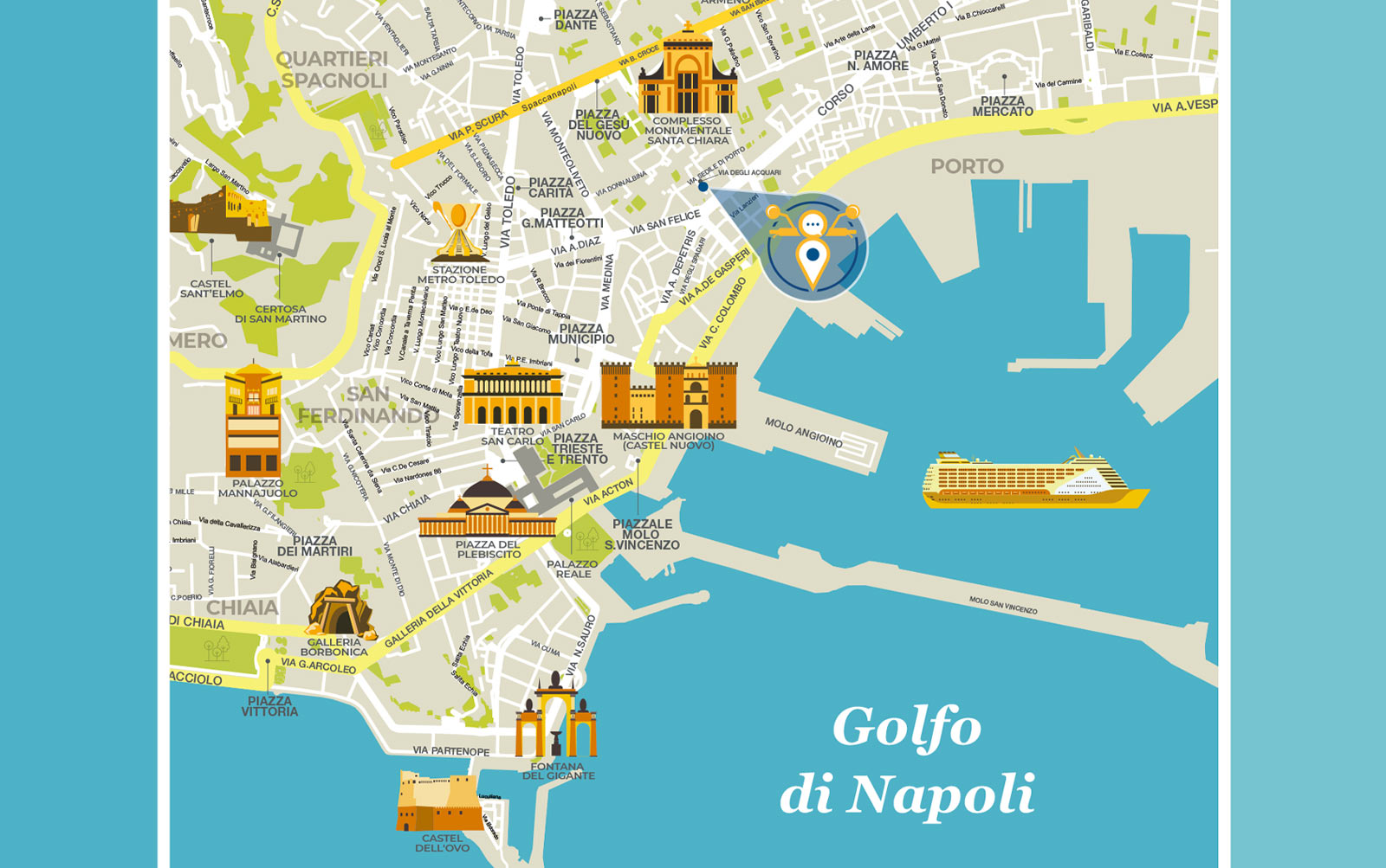 Stampa della mappa della costiera amalfitana, posillipo e napoli su plexiglass